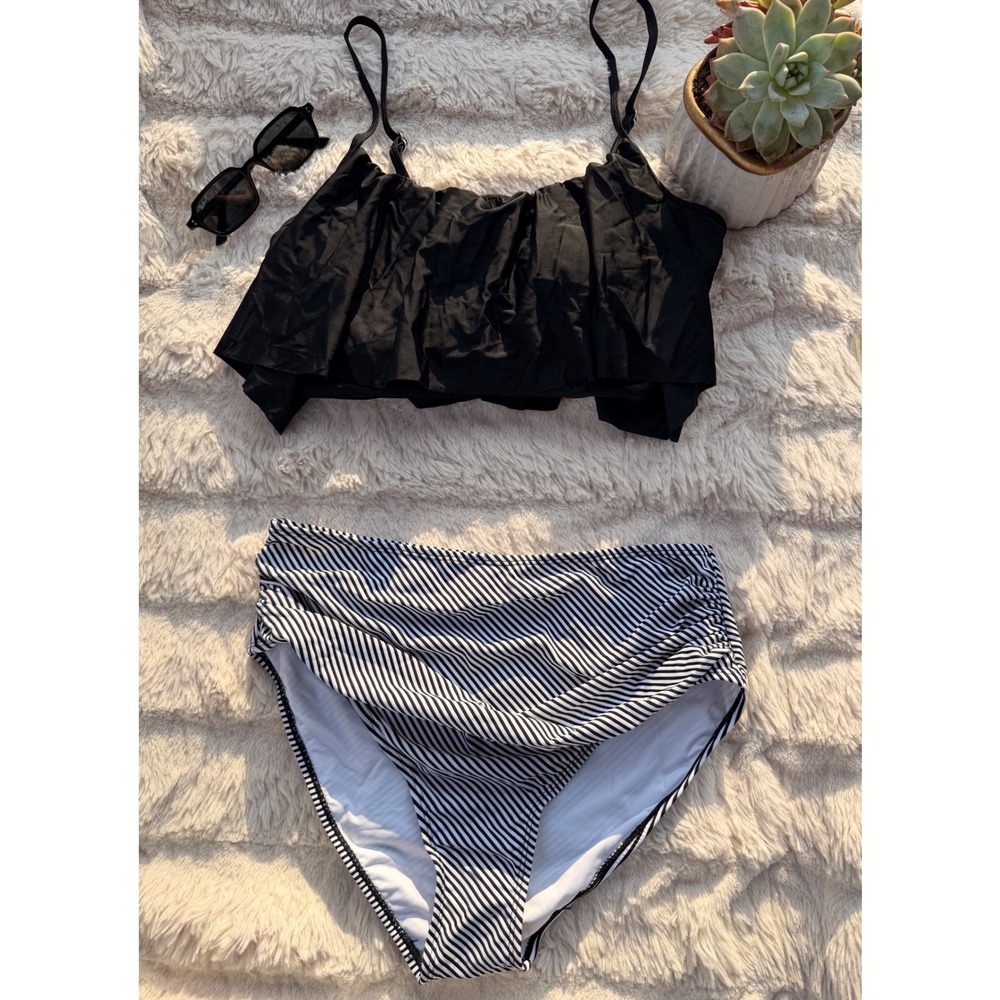 CUPSHE Black Tankini Set + Striped High Waisted Bottom | NWT - SIZE L